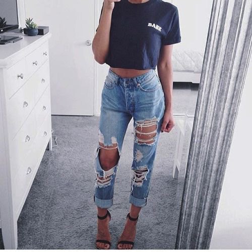 black cropped graphic tee with cuffed destroyed boyfriend jeans