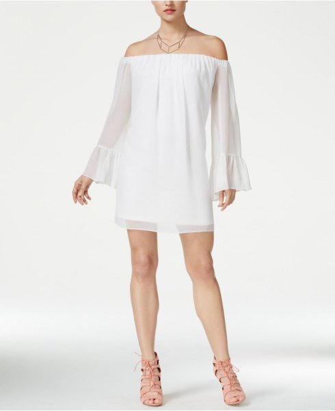 off the shoulder bell sleeve white baby doll dress