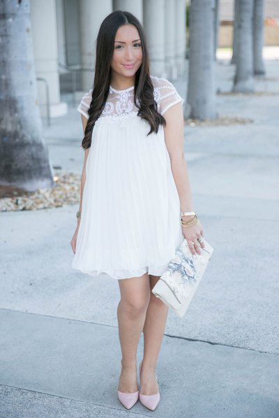 Short sleeve white lace baby doll dress