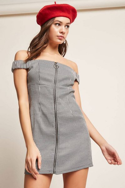 black and white plaid dress with front zip closure