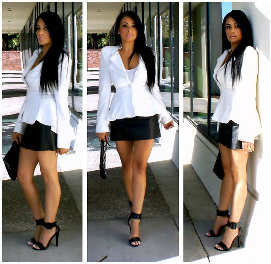 white blazer with black leather mini skirt