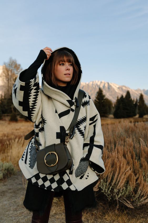 Black and white hooded poncho