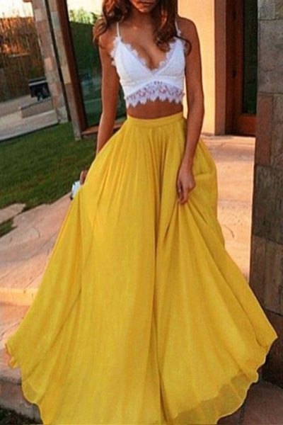 White Plunging V-Neck Top with Yellow Long Flowing Chiffon Skirt