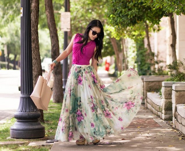 Pink sleeveless bodycon top with flowy floral chiffon skirt