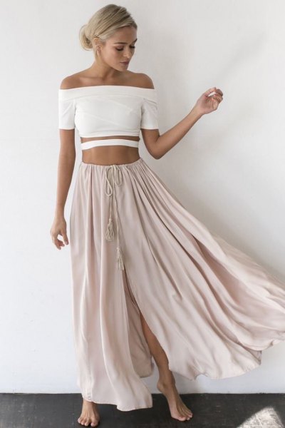 White Strapless Crop Top with Light Gray Long Flowing Skirt