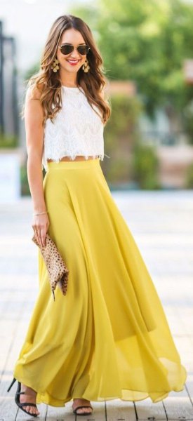 white scalloped hem bodice and mustard yellow flowy maxi skirt