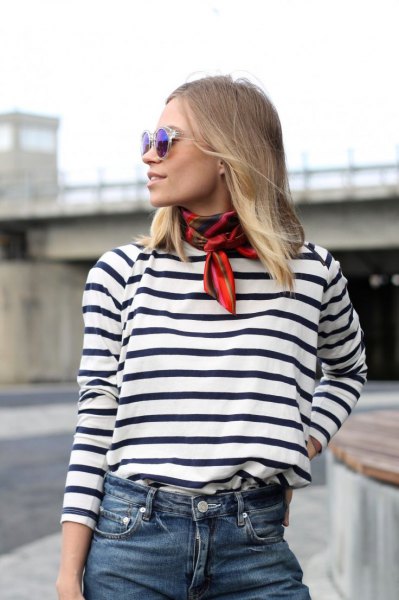 red thin scarf black and white striped t-shirt