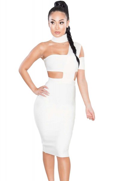 white cut midi bandage dress with matching heels