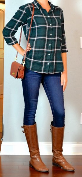 green plaid shirt with blue skinny jeans and brown leather boots