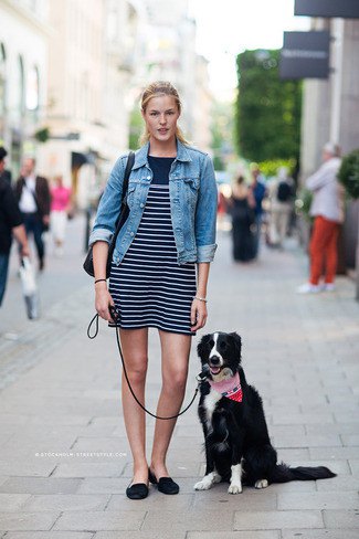 blue denim jacket with black and white striped mini dress and backless suede shoes