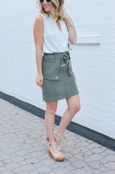 white tank top with gray cargo high-rise mini skirt
