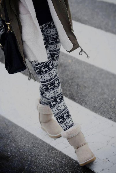 Tribal printed leggings and fleece jacket and white snow boots