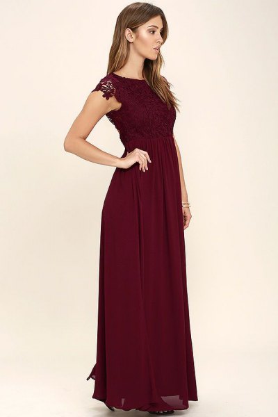 burgundy lace maxi dress with gathered waist