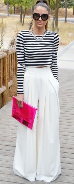 Black and white striped long-sleeved cropped t-shirt with wide-leg suit trousers