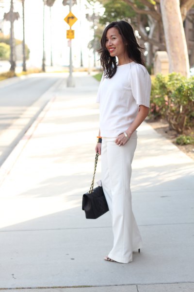 white short-sleeved sweater with wide-leg suit trousers