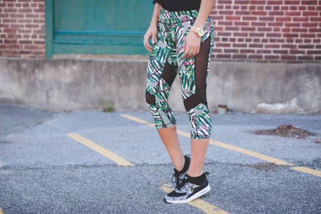 Gray floral mesh cropped leggings and matching running shoes