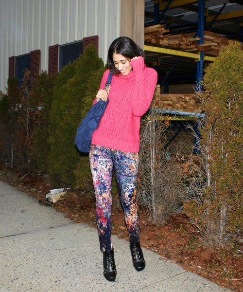 Pink ripped ribbed bulky sweater with paint splatter jeans