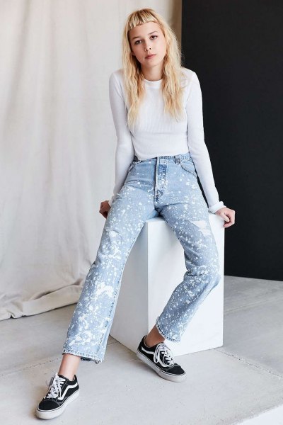 white long-sleeved t-shirt with light blue jeans