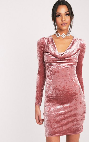 pink velvet bodycon mini dress with cowl neckline