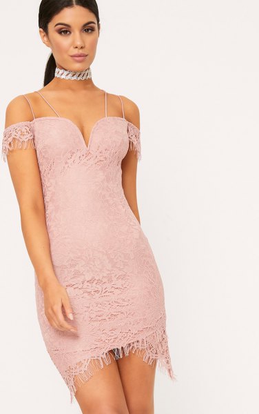 pink off the shoulder lace dress with V-neckline