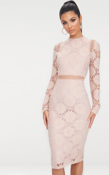Semi-sheer pink lace bodycon midi dress