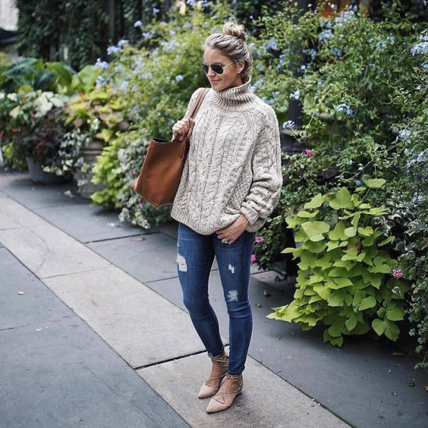 cream colored chunky knit jeans