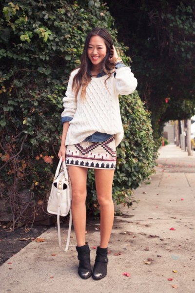 white chunky knitted mini skirt with knitted sweater