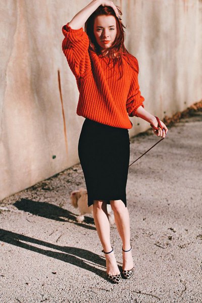 red oversized knit sweater black pencil skirt