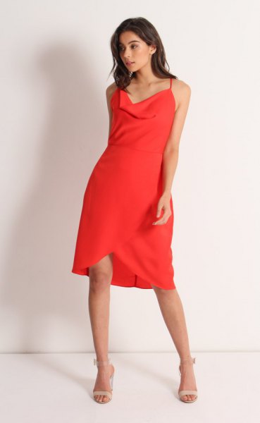 Knee-length tulip dress with a red cowl neckline