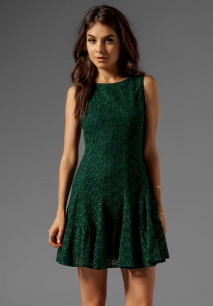 Dark green flared fitted sleeveless mini dress