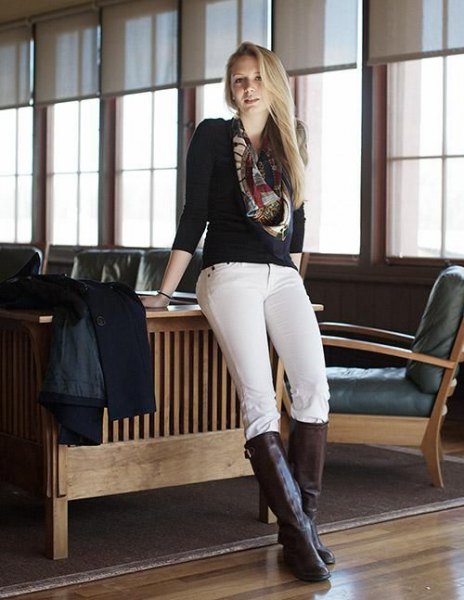 black sweater white breeches knee high boots
