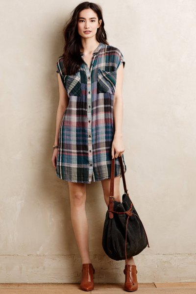 sleeveless plaid tunic brown leather ankle boots
