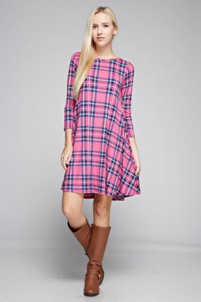 pink plaid tunic brown leather boots