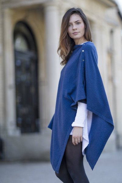 blue buttoned white wool poncho shirt