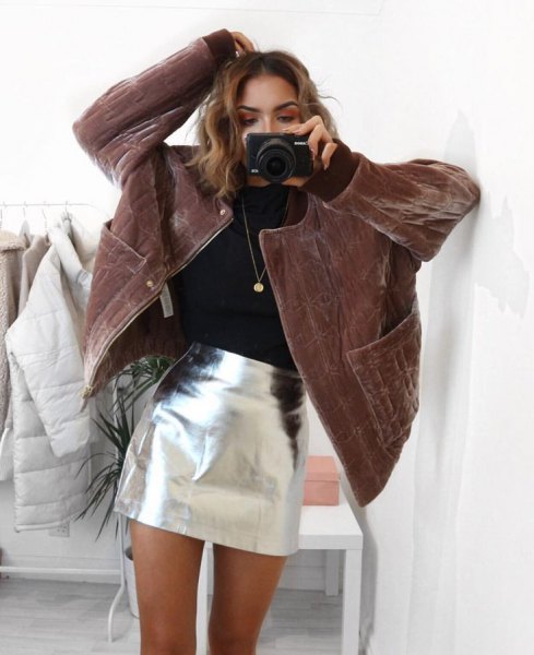 brown corduroy coat silver mini skirt
