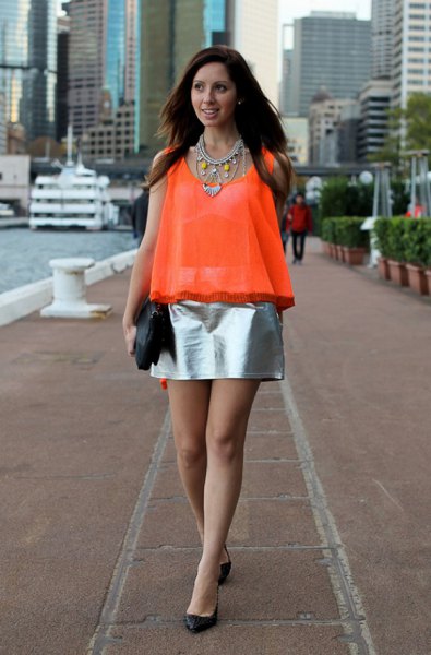 Orange semi-transparent sleeveless chiffon skirt made of silver metallic