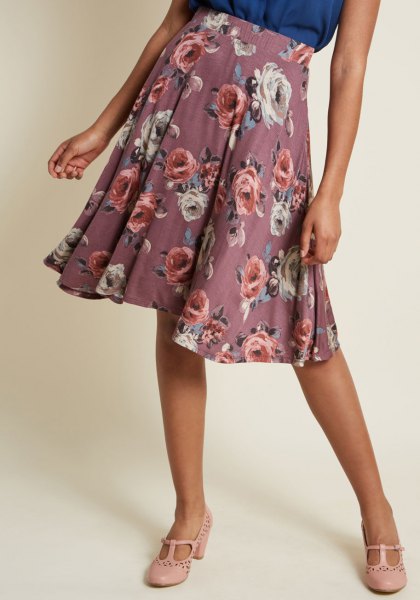 Gray Floral Pleated Midi Skirt