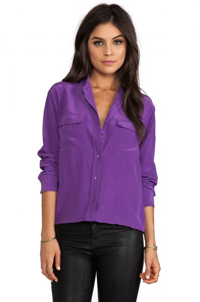 lilac blouse with black leather pants