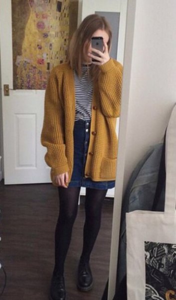 Dark yellow ribbed oversized cardigan with mini skirt and denim button down front