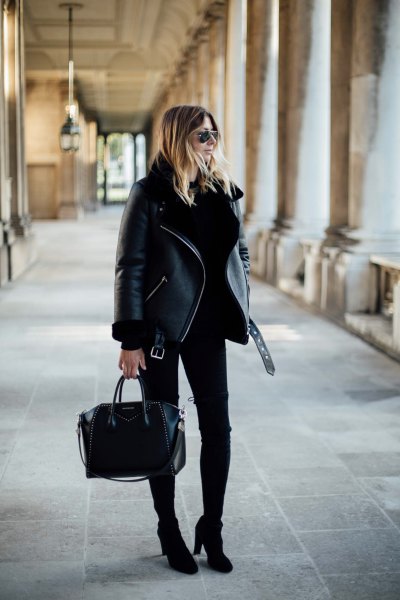 black jacket with skinny jeans and ankle heel boots