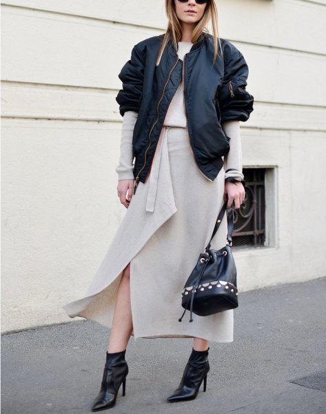 Light pink maxi wrap skirt with black casual jacket