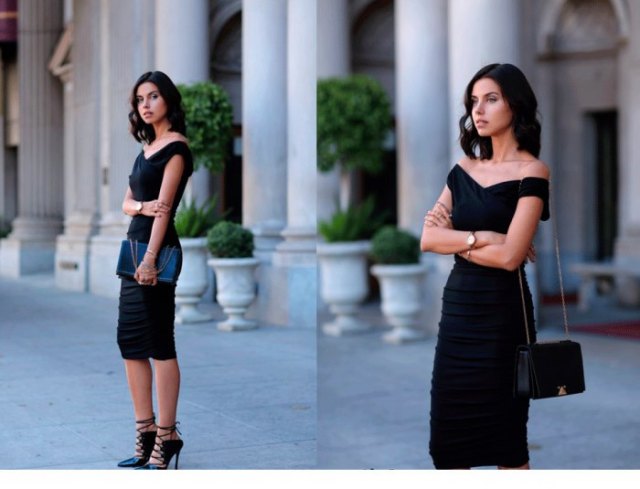 Black strapless midi dress with strappy heels