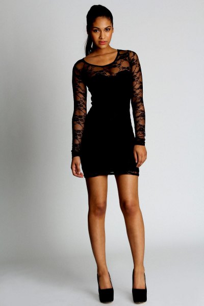 long-sleeved black lace mini dress with heels