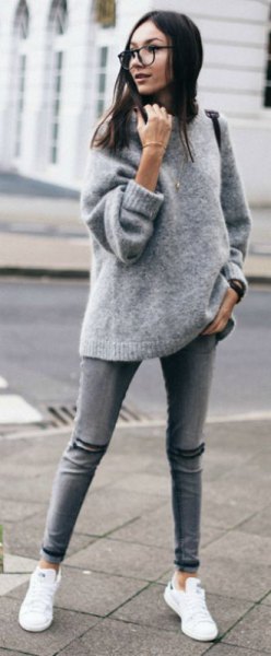 gray chunky fuzzy sweater with white sneakers