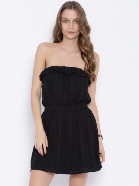 black pleated mini dress with gathered waist