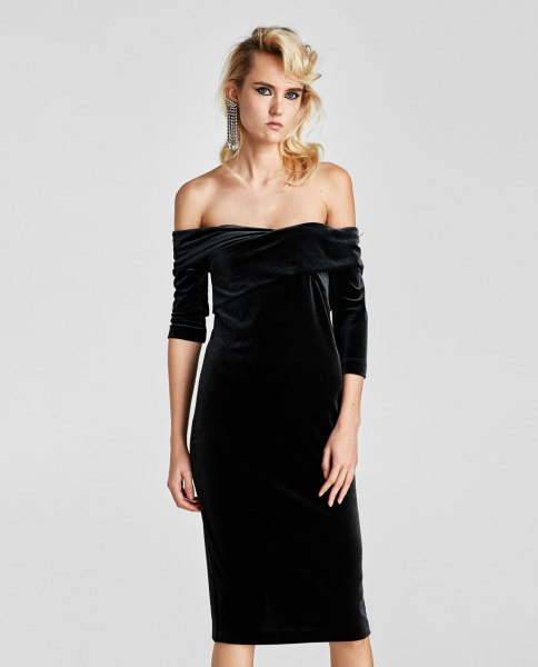 black knee length off the shoulder tube dress