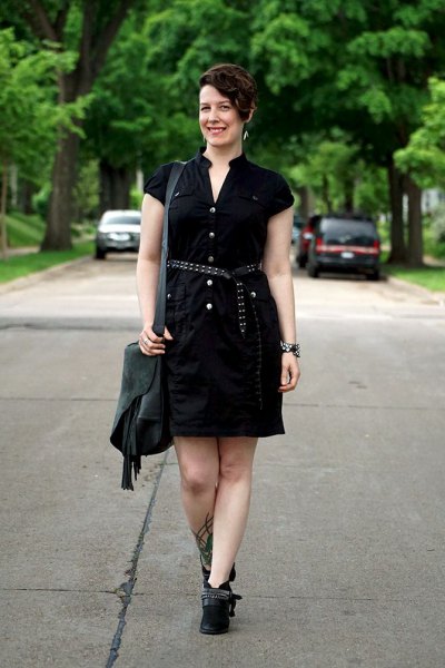 black shirt dress with belt and short boots
