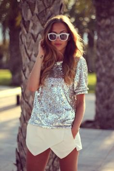 silver sequin short sleeve top with light yellow mini skort