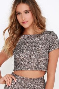 short silver t-shirt with sequins and matching mini skirt