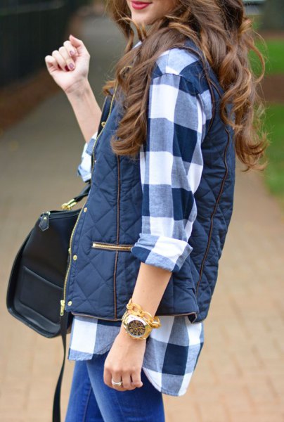 black and white checked boyfriend shirt with dark blue waistcoat and slim-fitting jeans